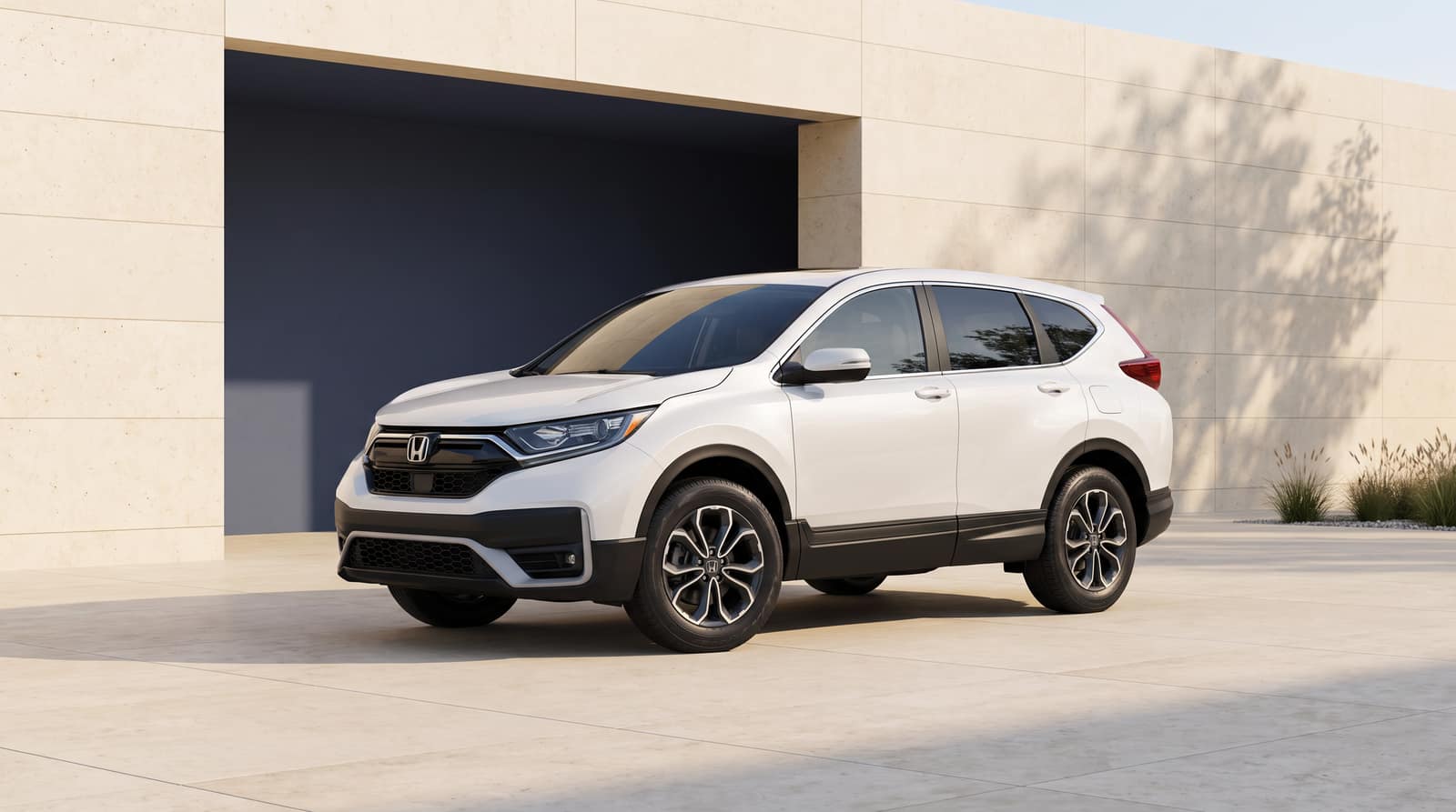 White 2022 Honda CR-V, front three-quarter view in an architectural courtyard