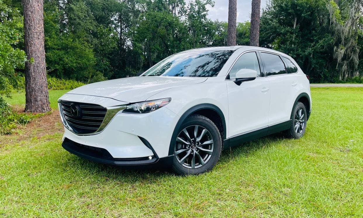 White Mazda CX-9, front three-quarter view