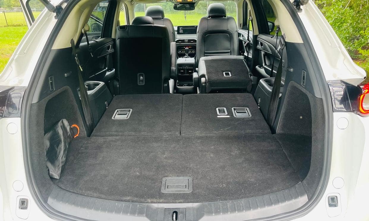Cargo area of the Mazda CX-9 with the rear seats folded flat