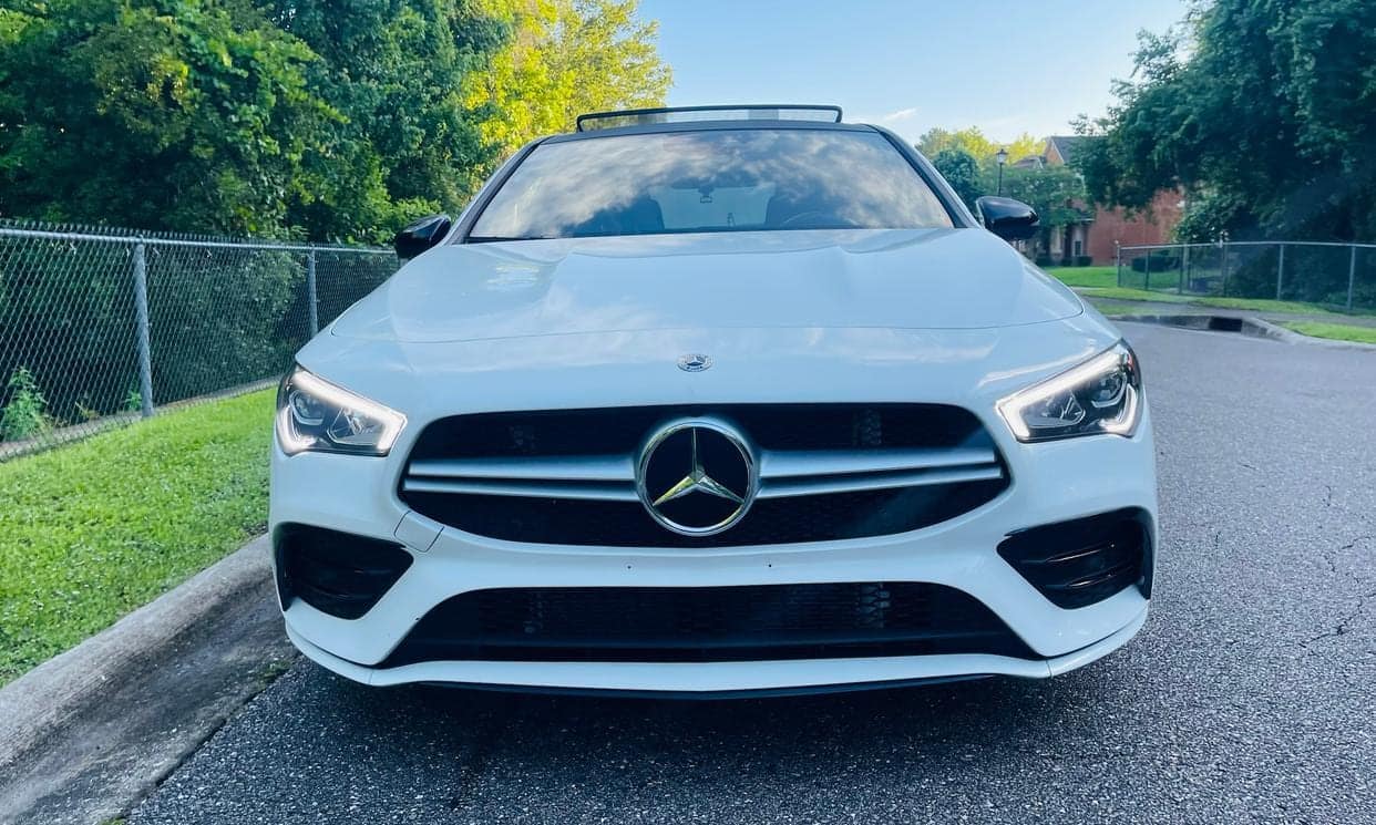 Front view of the Mercedes-Benz CLA with LED headlights on