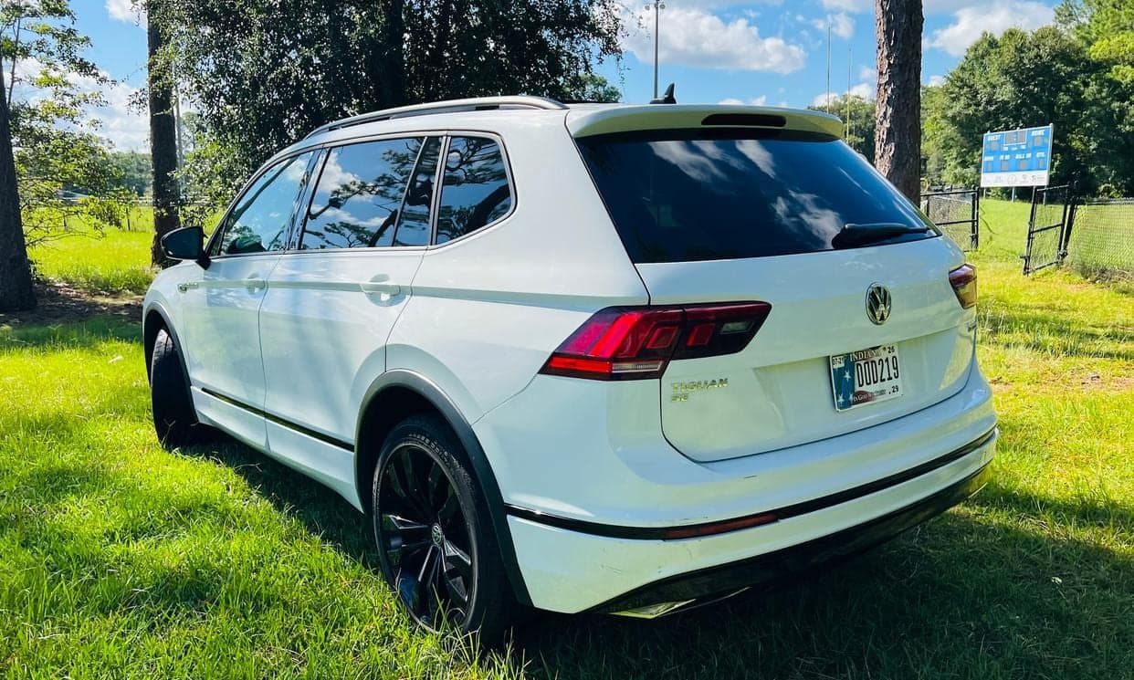 Rear three-quarter view of the white Volkswagen Tiguan